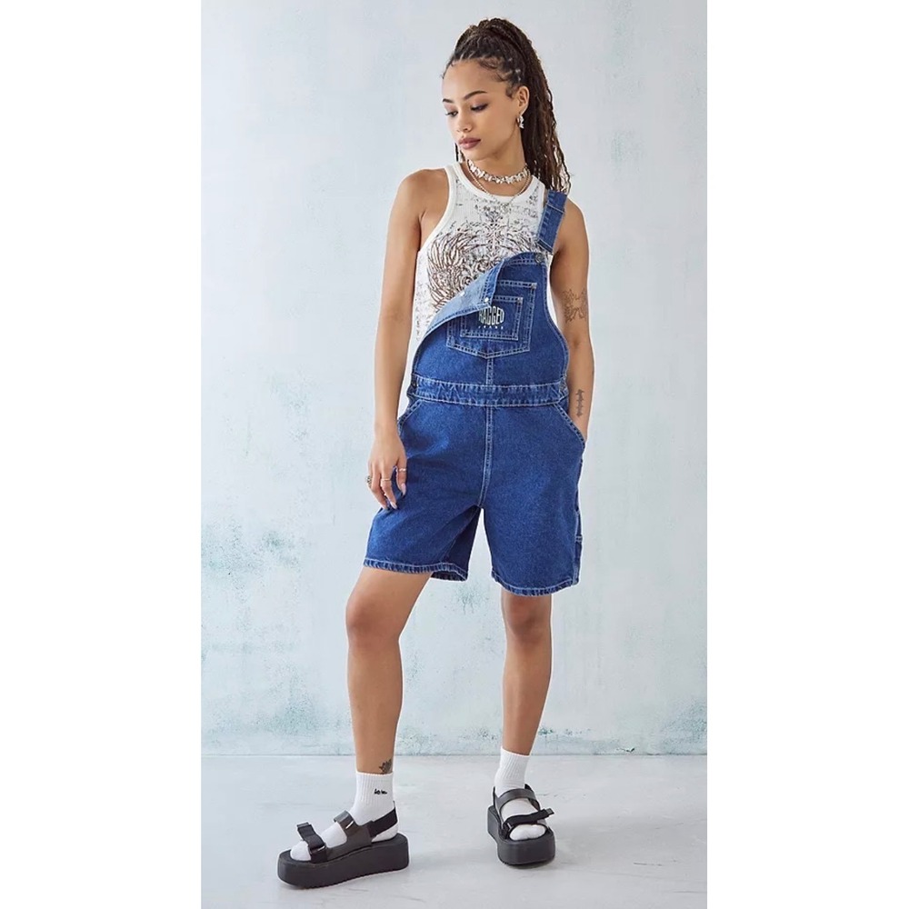 The Ragged Priest Indigo Release Denim Dungarees Shorts Overalls Size 26 - Picture 2 of 8
